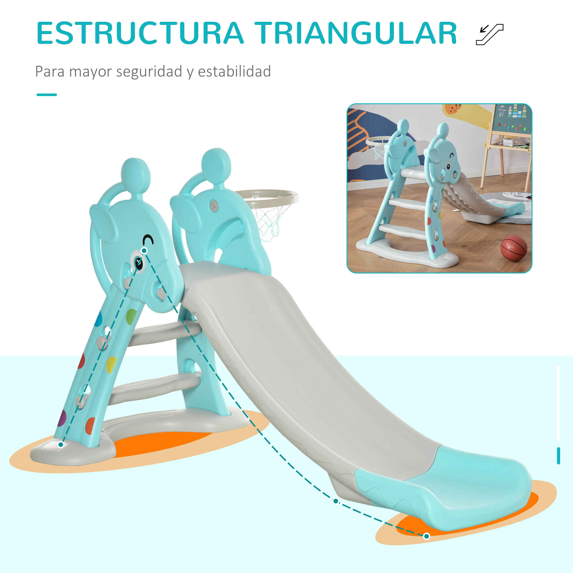 Tobogán para Niños +18 Meses Plegable 2 en 1 con Canasta de Baloncesto Modelo Jirafa Juguete Infantil para Interiores y Exteriores 140x87x85,5 cm Azul y Gris