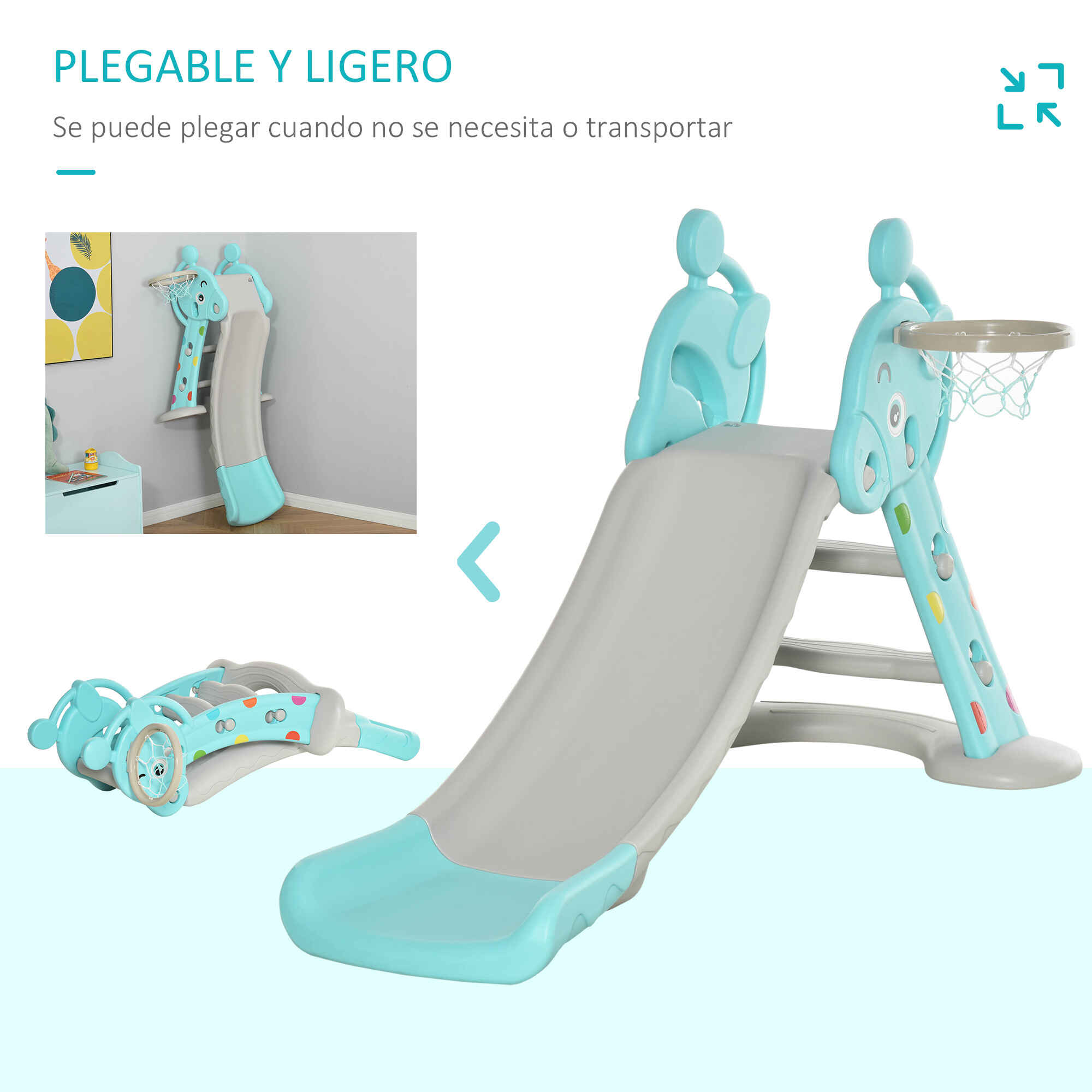 Tobogán para Niños +18 Meses Plegable 2 en 1 con Canasta de Baloncesto Modelo Jirafa Juguete Infantil para Interiores y Exteriores 140x87x85,5 cm Azul y Gris