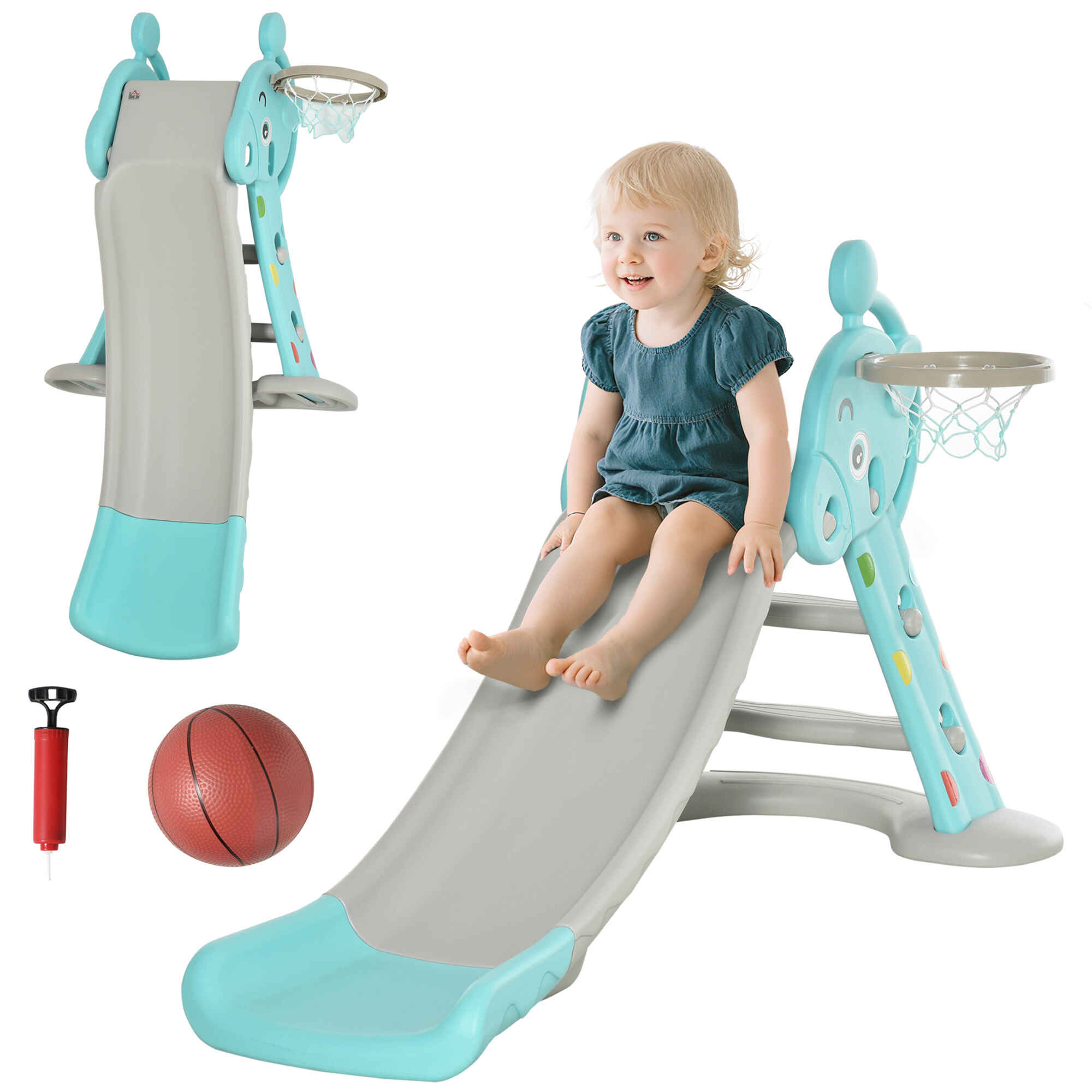 Tobogán para Niños +18 Meses Plegable 2 en 1 con Canasta de Baloncesto Modelo Jirafa Juguete Infantil para Interiores y Exteriores 140x87x85,5 cm Azul y Gris