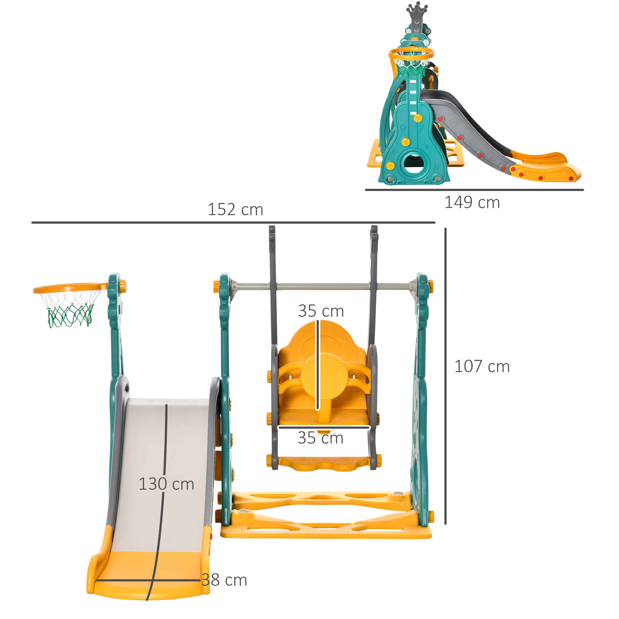 Tobogán infantil 3 en 1 con columpio y canasta para 18-36 meses 152x149x107 cm multicolor