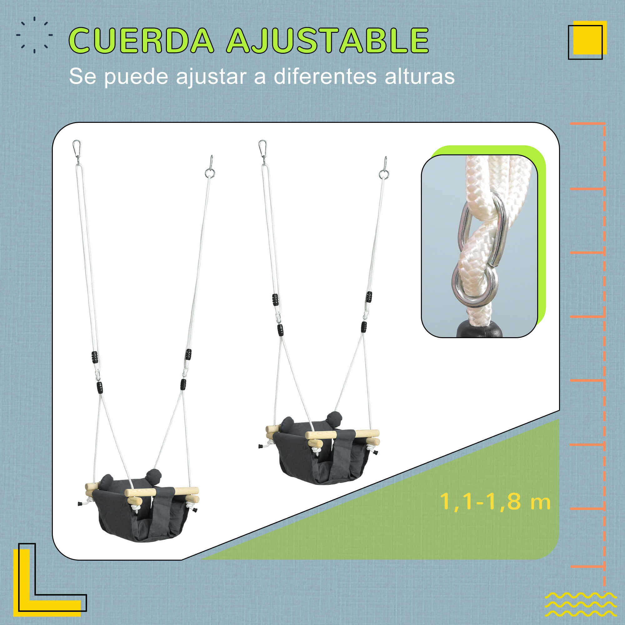 Columpio infantil para bebés de 9 a 36 meses con asiento acolchado gris oscuro 40x40x110-180 cm
