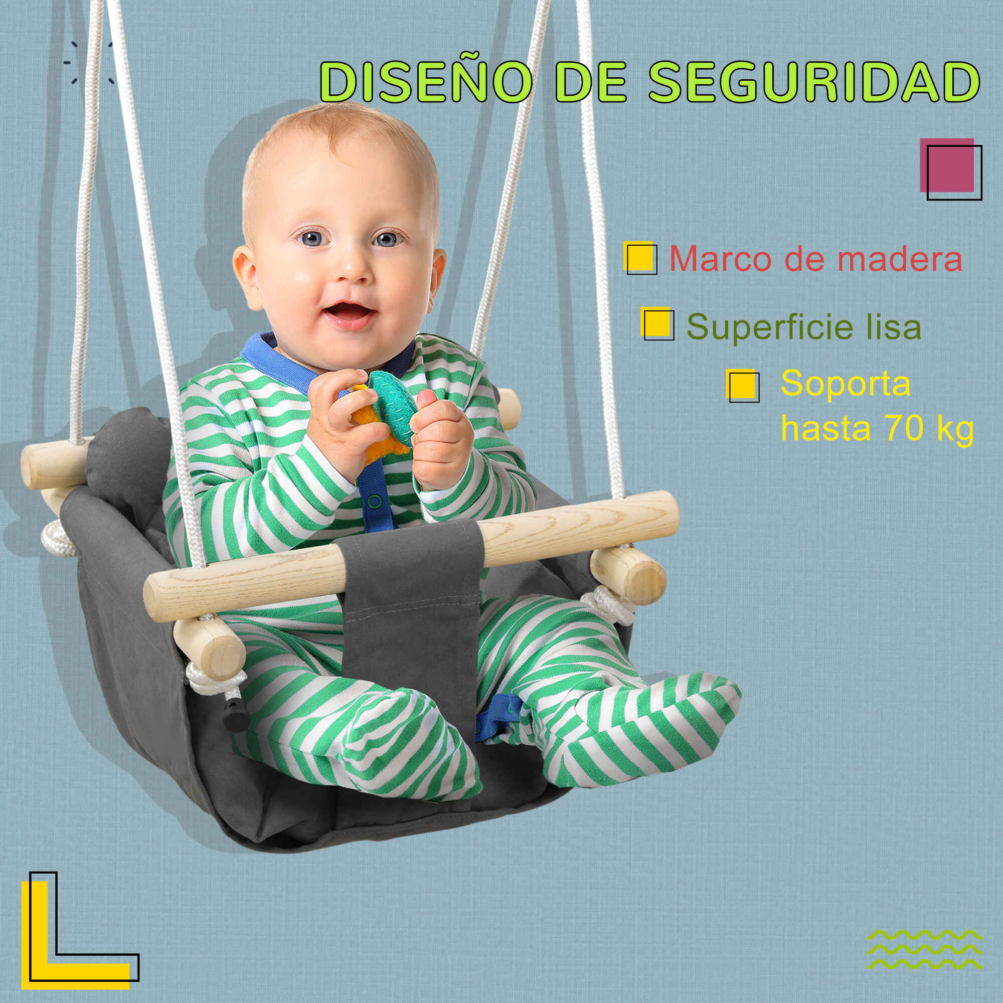 Columpio infantil para bebés de 9 a 36 meses con asiento acolchado gris oscuro 40x40x110-180 cm