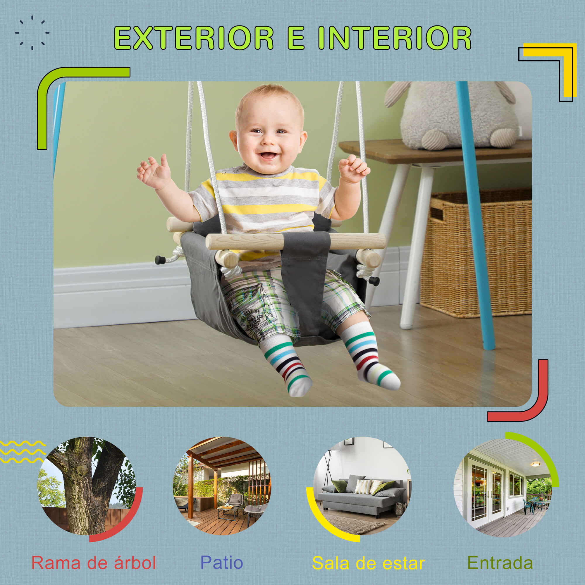 Columpio infantil para bebés de 9 a 36 meses con asiento acolchado gris oscuro 40x40x110-180 cm
