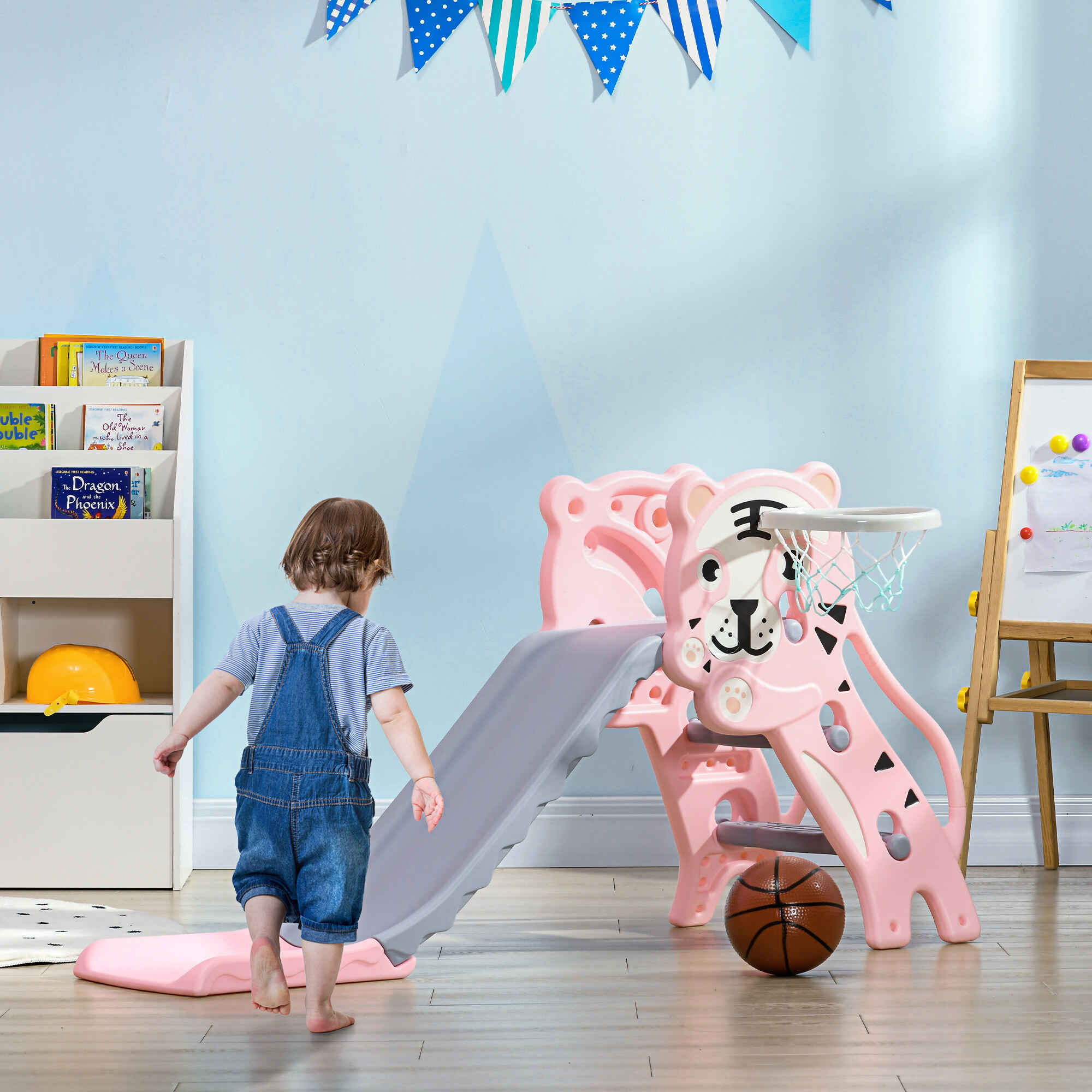 Tobogán infantil 3 en 1 para niños 18 a 36 meses con 2 escaleras y canasta rosa y gris
