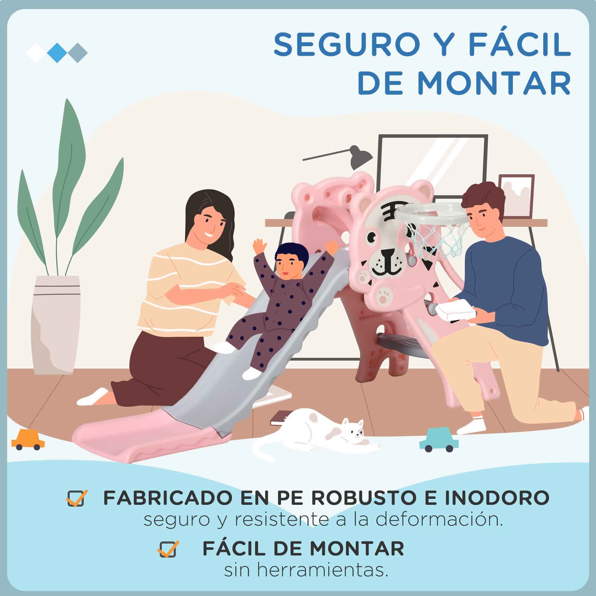 Tobogán infantil 3 en 1 para niños 18 a 36 meses con 2 escaleras y canasta rosa y gris