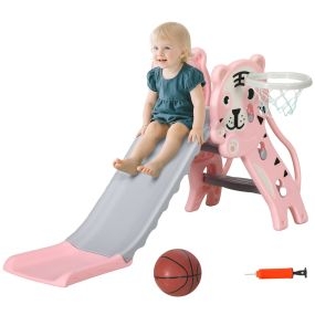 Tobogán infantil 3 en 1 para niños 18 a 36 meses con 2 escaleras y canasta rosa y gris