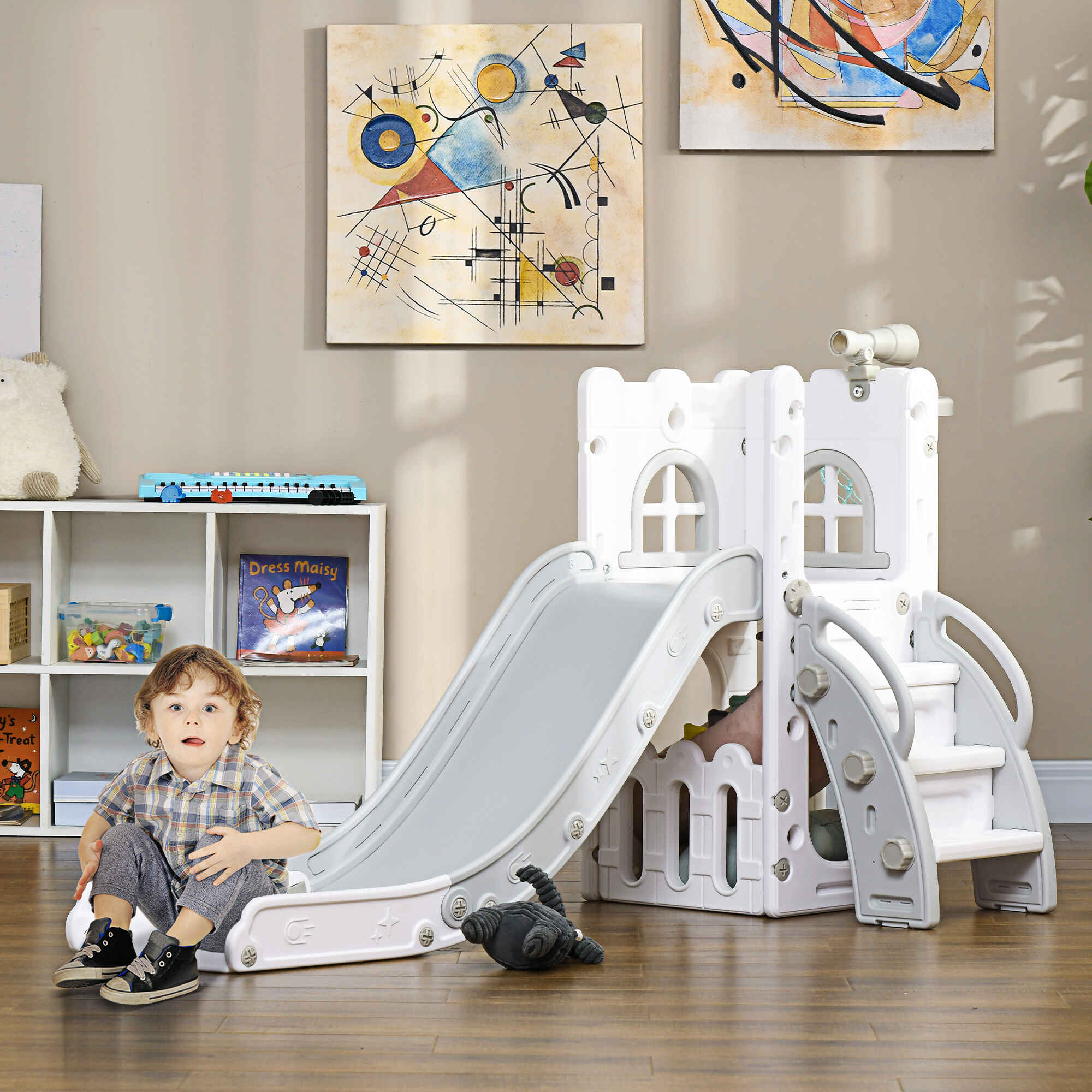 Tobogán Infantil 5 en 1, Tobogán para Niños de 1-3 Años con Aro de Baloncesto, Telescopio, Escalador y Cesta Inferior, para Interior y Exterior, Blanco y Gris