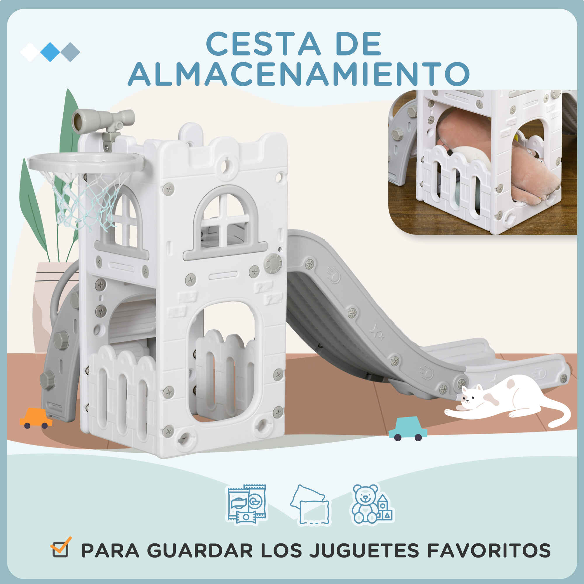 Tobogán Infantil 5 en 1, Tobogán para Niños de 1-3 Años con Aro de Baloncesto, Telescopio, Escalador y Cesta Inferior, para Interior y Exterior, Blanco y Gris
