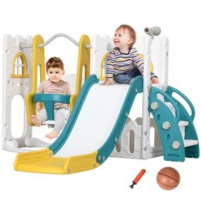 Tobogán infantil 6 en 1 con columpio, telescopio, aro de baloncesto y almacenamiento multicolor