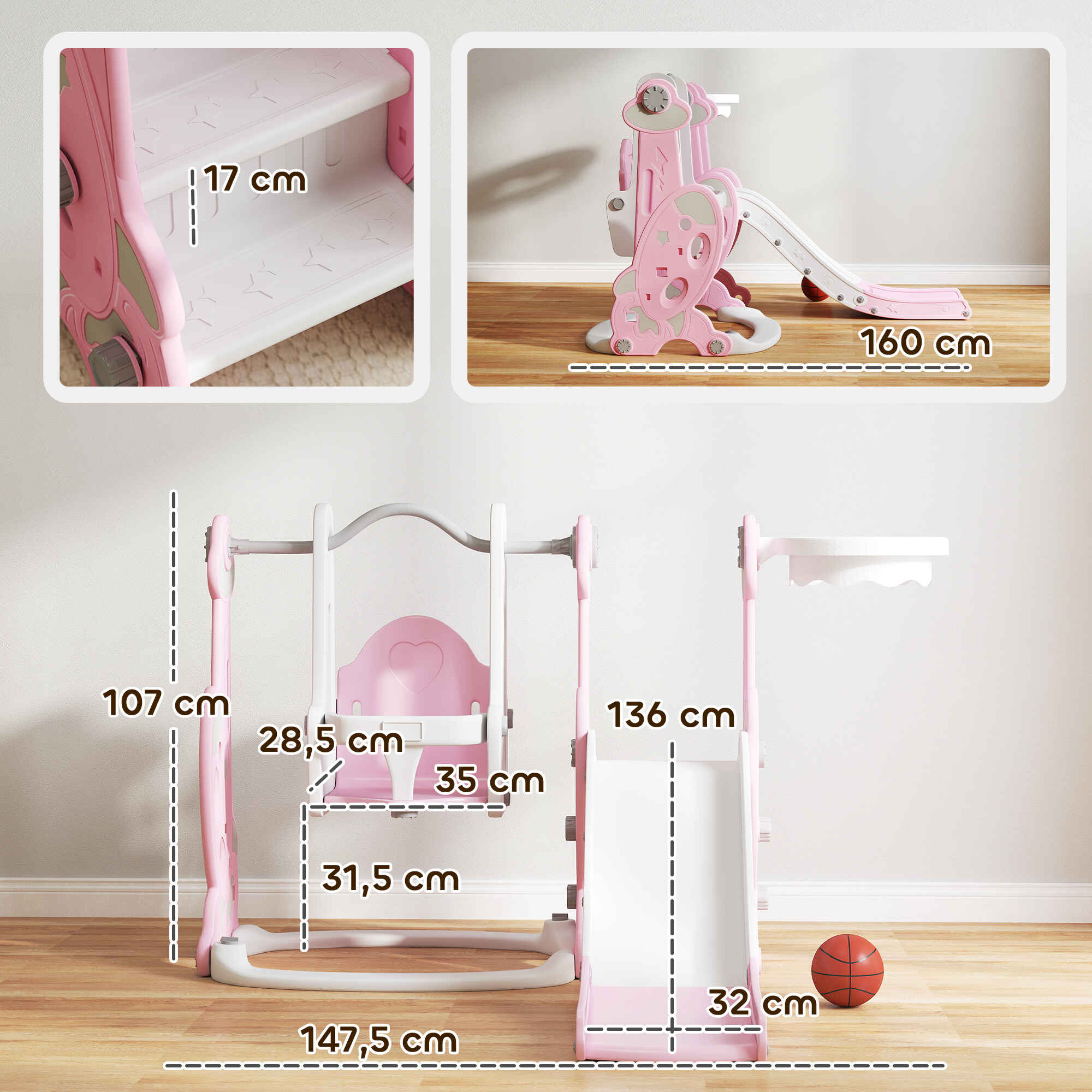Tobogán infantil 4 en 1 con columpio, escalador y aro de baloncesto, rosa y blanco