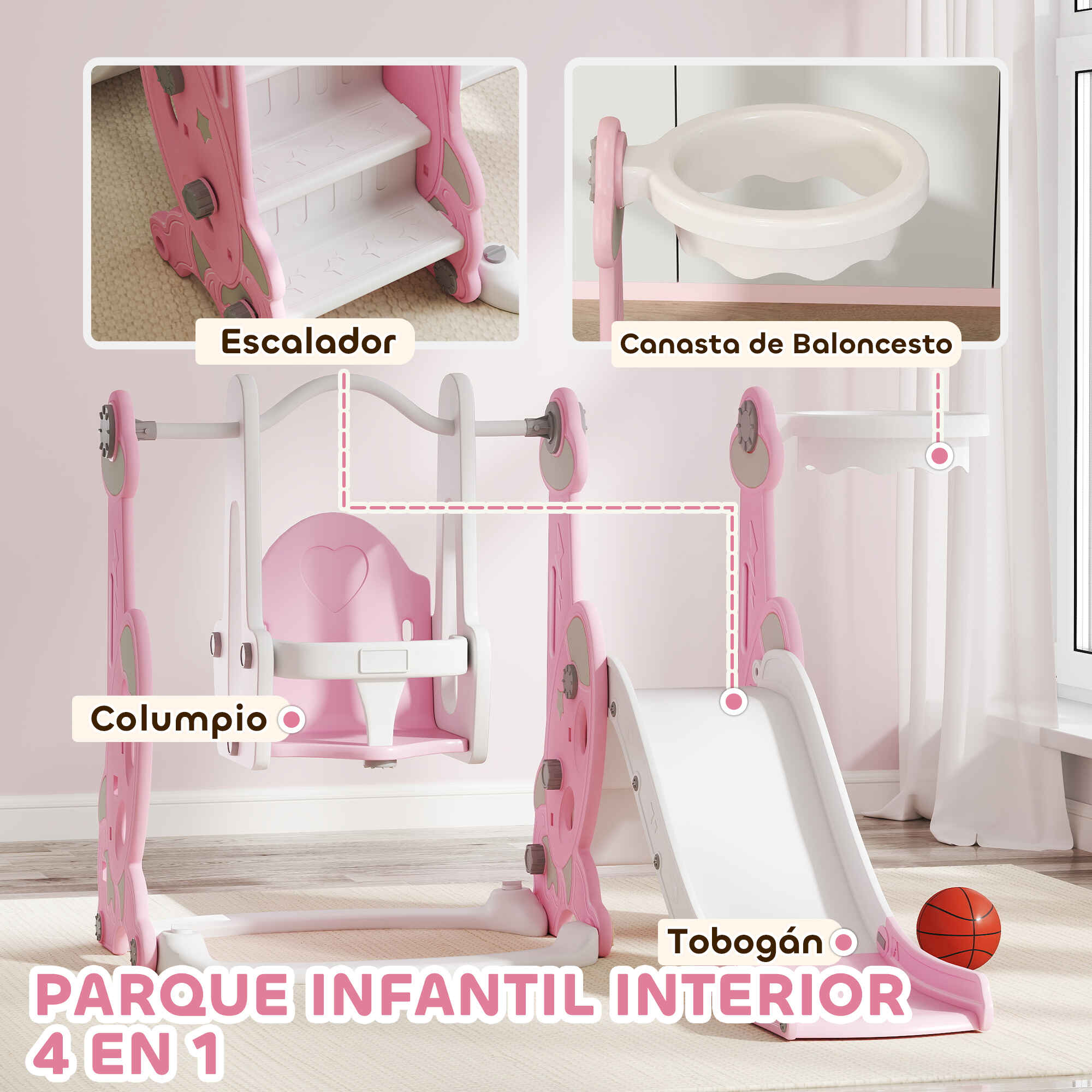 Tobogán infantil 4 en 1 con columpio, escalador y aro de baloncesto, rosa y blanco