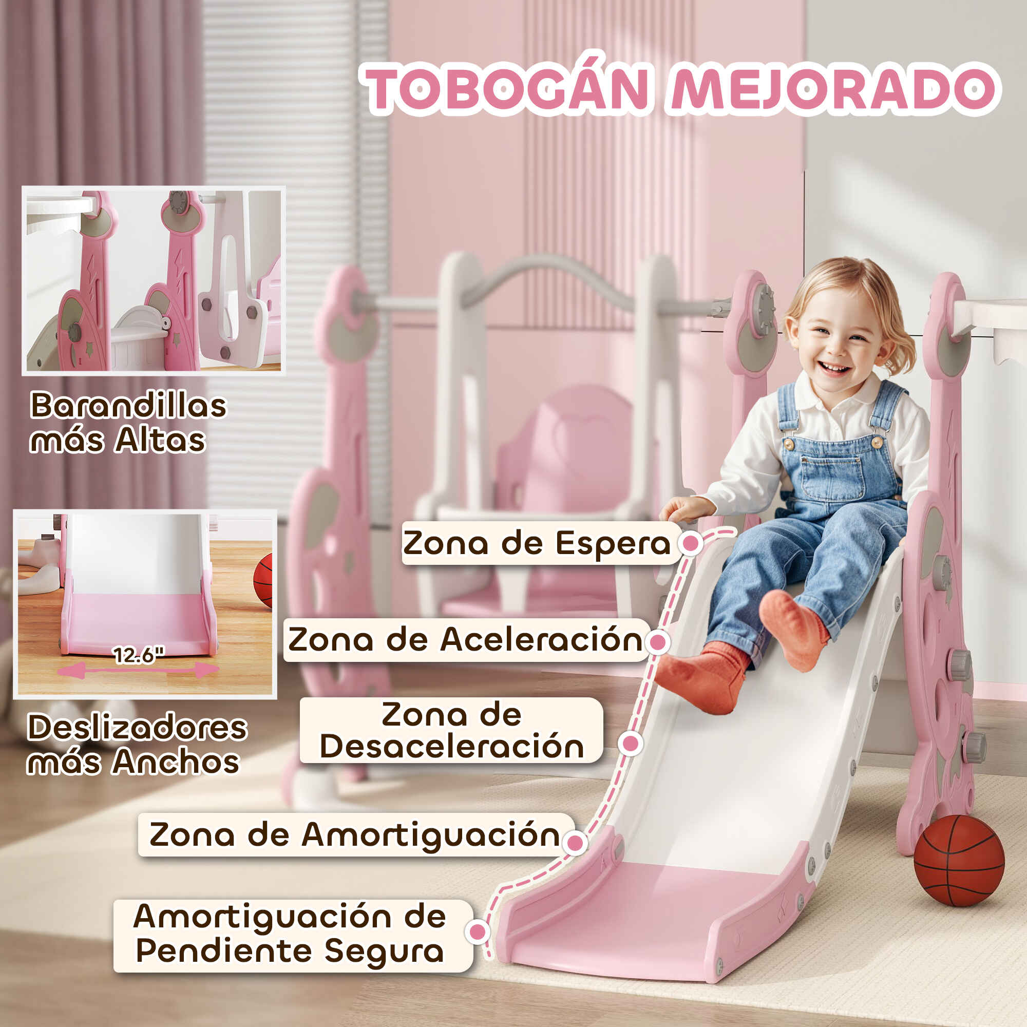 Tobogán infantil 4 en 1 con columpio, escalador y aro de baloncesto, rosa y blanco