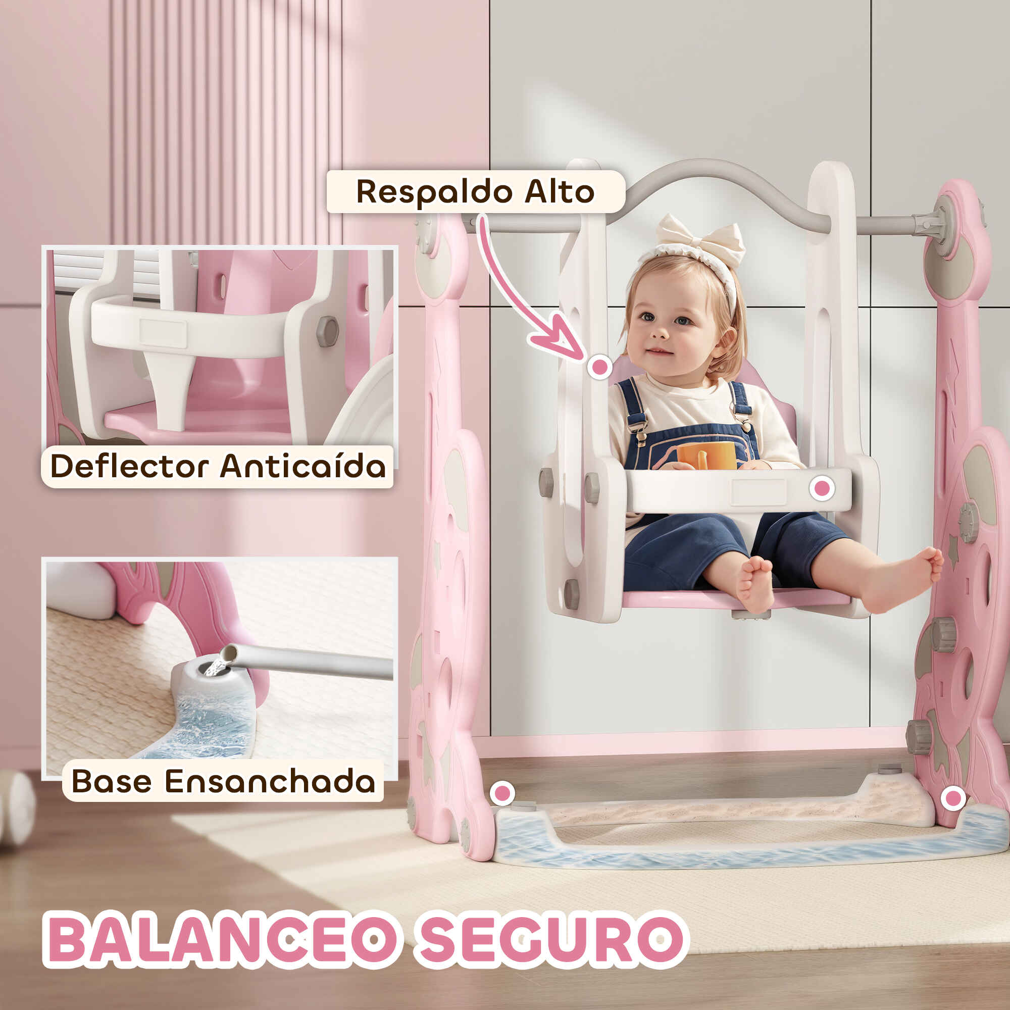 Tobogán infantil 4 en 1 con columpio, escalador y aro de baloncesto, rosa y blanco