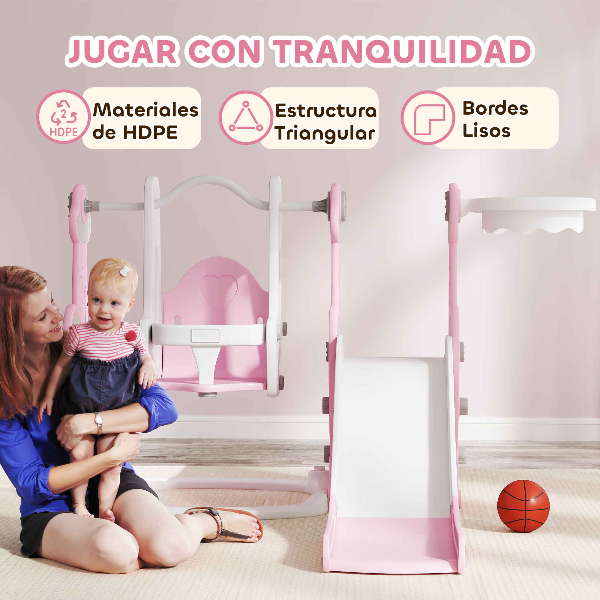 Tobogán infantil 4 en 1 con columpio, escalador y aro de baloncesto, rosa y blanco