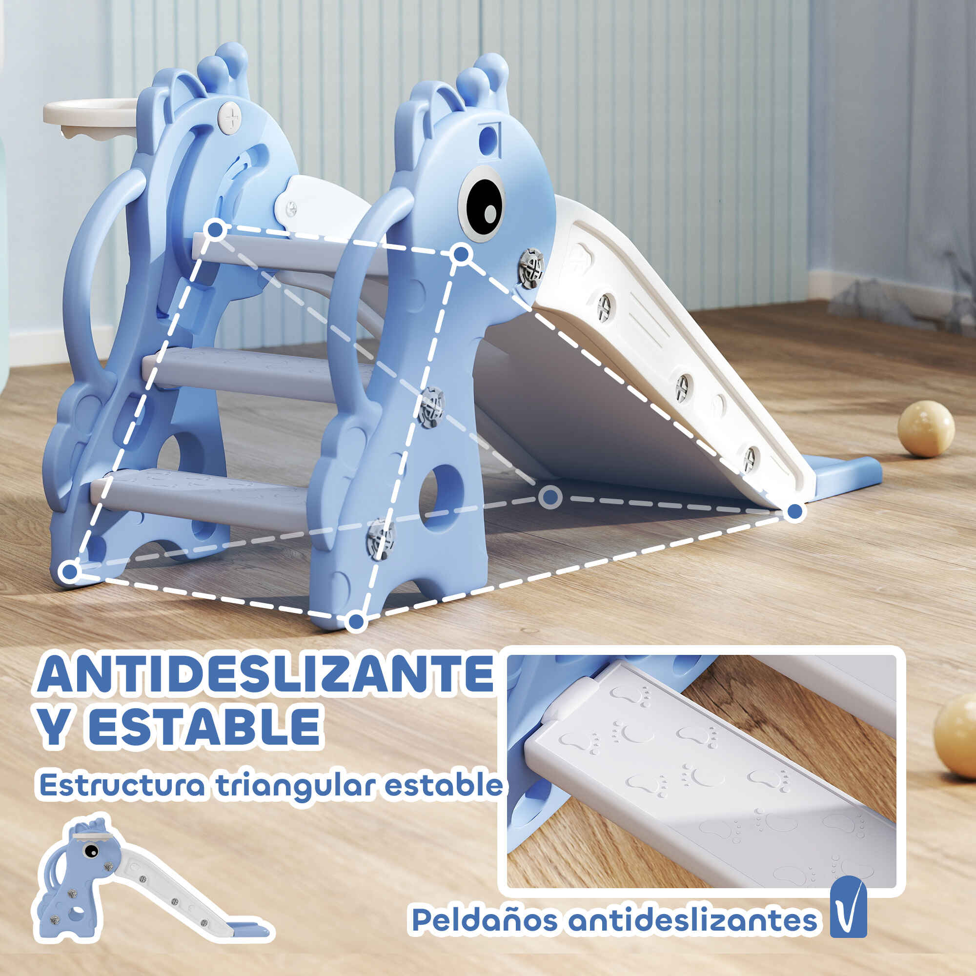 Tobogán infantil 3 en 1 para niños de 1 a 3 años con escalera y canasta azul 106x51,5x52 cm