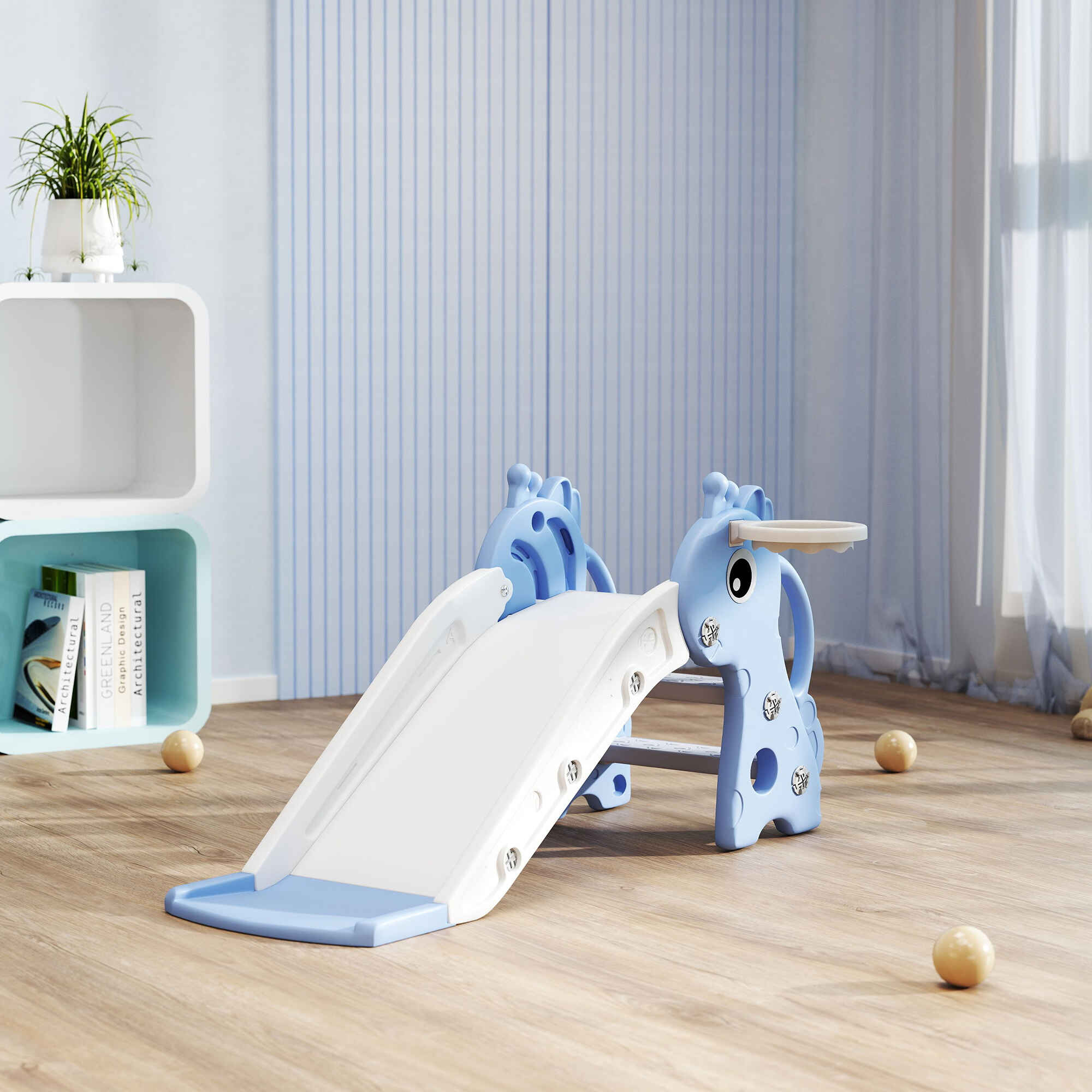 Tobogán infantil 3 en 1 para niños de 1 a 3 años con escalera y canasta azul 106x51,5x52 cm
