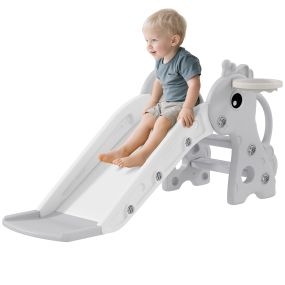 Tobogán infantil 3 en 1 para niños de 1 a 3 años con canasta y diseño de jirafa gris 106x51,5x52 cm