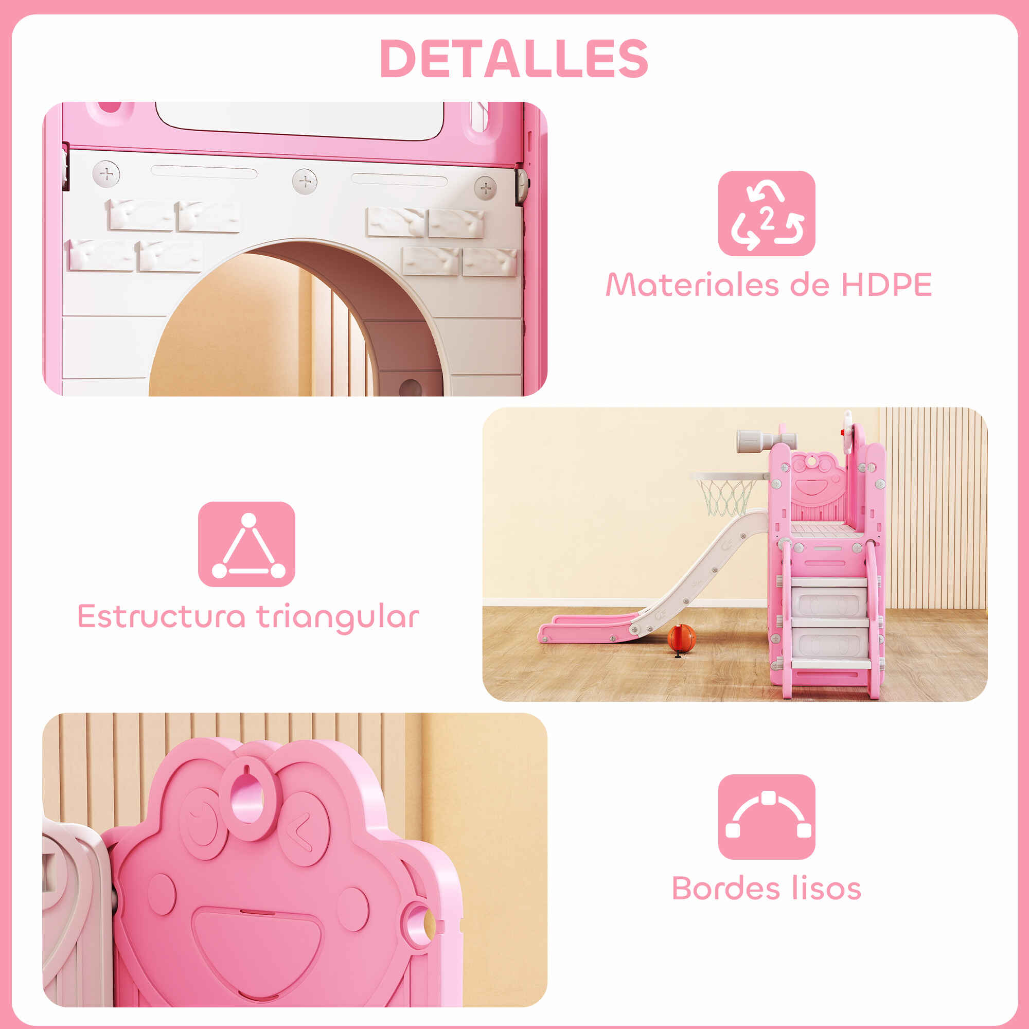Tobogán infantil 7 en 1 temática rana rosa con aro, túnel, pizarra, telescopio, escalador y cajas
