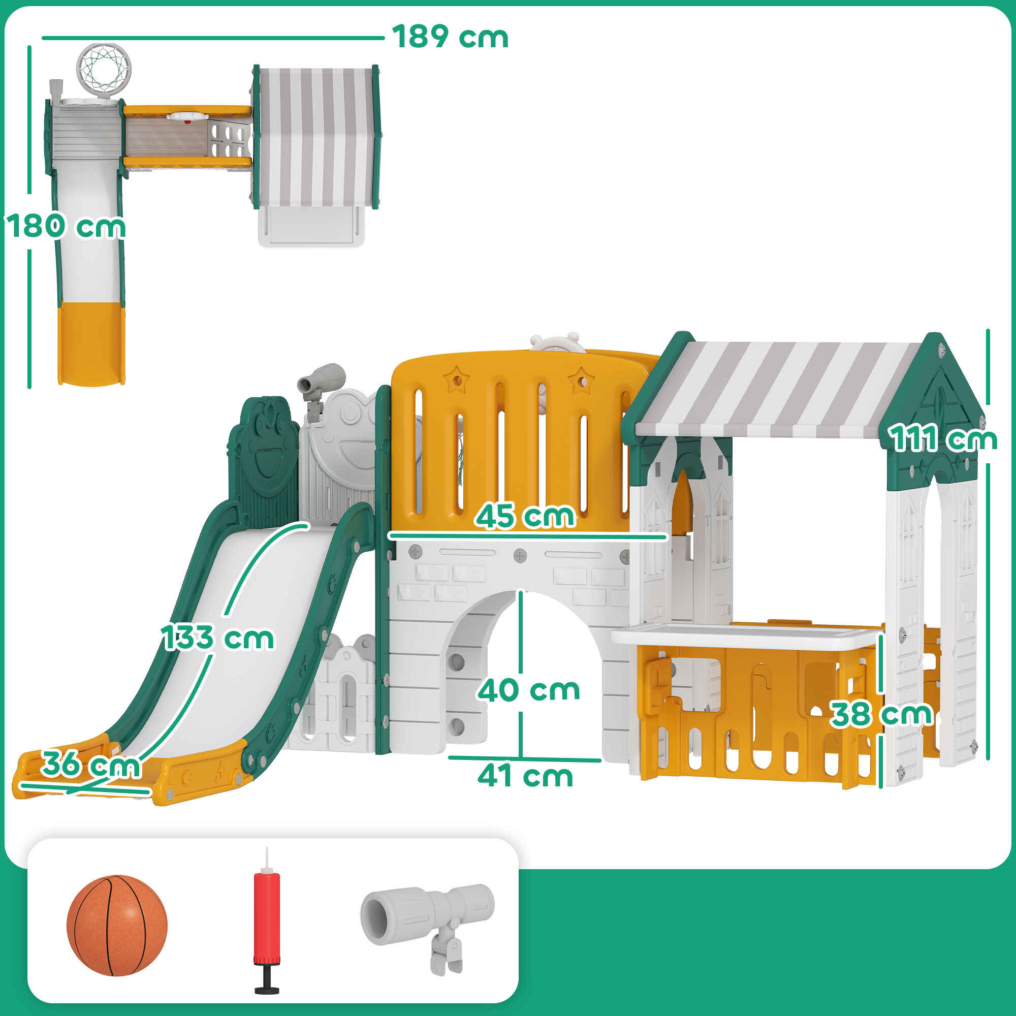 Tobogán Infantil 7 en 1 con Caseta para Niños, Tobogán con Escalera, Aro de Baloncesto, Túnel, Pizarra, Telescopio, para Interior, Amarillo y Verde