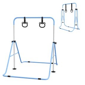 Barra de gimnasia para niños ajustable en 5 niveles con anillos, plegable, azul