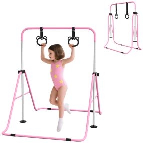 Barra de gimnasia para niños ajustable en 5 niveles con anillos, plegable, rosa