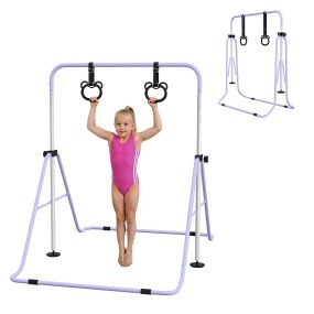 Barra de gimnasia para niños ajustable en 5 niveles con anillos, plegable, púrpura