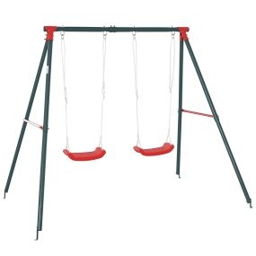 Columpio doble infantil +3 años con soporte metálico, cuerda ajustable, exterior, 40 kg, 239x156x180 cm, verde y rojo