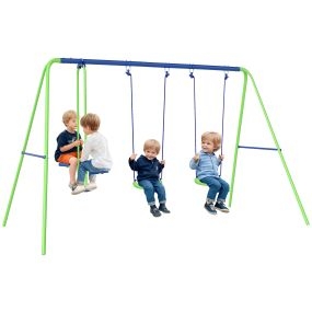 Juego de columpios de jardín de metal ajustable para niños +3 años con columpio doble y balancín verde 280x140x178 cm