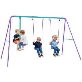 Juego de columpios de jardín de metal altura ajustable para niños +3 años 280x140x176 cm azul y morado
