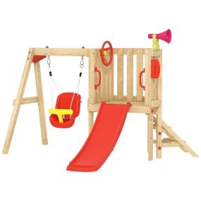 Columpio y tobogán infantil exterior 5 en 1 de madera rojo para niños de 18-48 meses