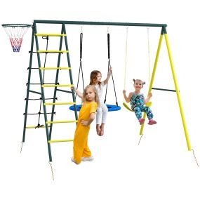 Columpio infantil 4 en 1 con nido e individual, red, canasta y escalera, 160 kg, amarillo