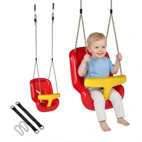 Columpio infantil para niños con cuerda ajustable, respaldo alto y barandilla de seguridad en T, rojo