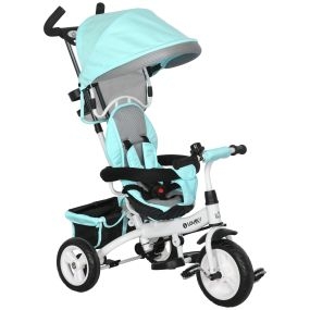 Triciclo Evolutivo para Bebés 6 en 1 Triciclo para Niños de 1-5 Años Bicicleta para Niños con Toldo Plegable Mango Telescópico Desmontable Cinturón de Seguridad y Cesto 95x50x106 cm Verde Mint