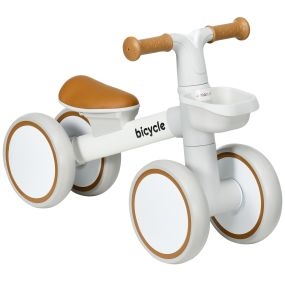Bicicleta sin pedales para niños 12-36 meses con asiento ajustable, cesta y 4 ruedas silenciosas, blanco y marrón