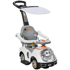 Coche Correpasillos 3 en 1 para Niños 12-36 Meses, Correpasillos con Espacio de Almacenaje, Diseño de Robot con Ojos Luminosos, Música, Bocina, Asa de Empuje y Toldo Extraíbles, Blanco