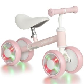 Bicicleta sin Pedales, Bici Correpasillos con Limitado a 135°, Asiento Ajustable en Altura, 4 Ruedas EVA Silenciosas con Luces, Bicicleta de Equilibrio para Niños y Niñas de 1 a 2 Años, Rosa