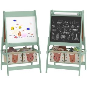 Caballete infantil 3 en 1 de doble cara con rollo de papel, pizarras y 2 cestas, 54x46,5x93 cm, verde