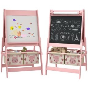 Caballete para Niños 3 en 1 Caballete Infantil de Doble Cara Caballete de Arte con Rollo de Papel Pizarras y 2 Cestas de Almacenamiento 54x46,5x93 cm Rosa