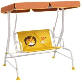 Balancín de jardín infantil 2 plazas con patrón de león, toldo ajustable, 60 kg, 110x70x110 cm, amarillo