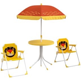 Conjunto de mesa y sillas infantil para exterior con sombrilla ajustable temática de león amarillo y marrón
