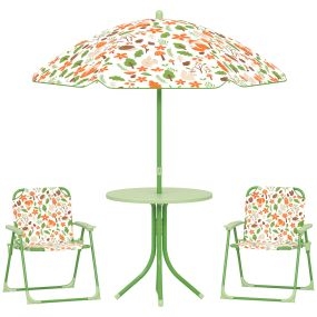 Conjunto infantil de jardín 4 piezas con mesa, sillas plegables y sombrilla ajustable, zorro, verde