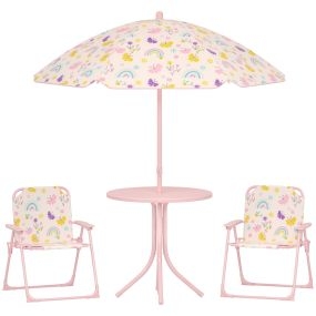 Conjunto infantil de mesa y sillas de jardín 4 piezas con sombrilla ajustable rosa