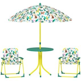 Conjunto infantil de mesa y sillas de jardín 4 piezas con sombrilla desmontable verde diseño jungla