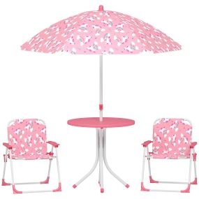 Conjunto de mesa y sillas infantil de jardín 4 piezas con sombrilla desmontable, rosa