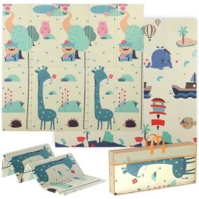 Alfombra bebé acolchada plegable reversible 196x176x1,5 cm XPE impermeable multicolor diseño ciervos y ballenas