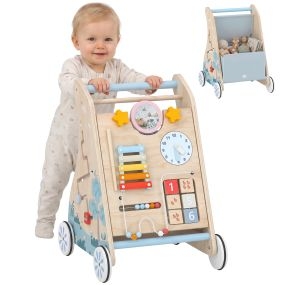 Andador Madera Bebé 3 en 1, Caminador Bebé con Juguetes Montessori, Panel Desmontable de Doble Cara, Centro de Actividades con Almacenaje, Ruedas, Niños de 1-3 Años y Altura +75 cm, Natural