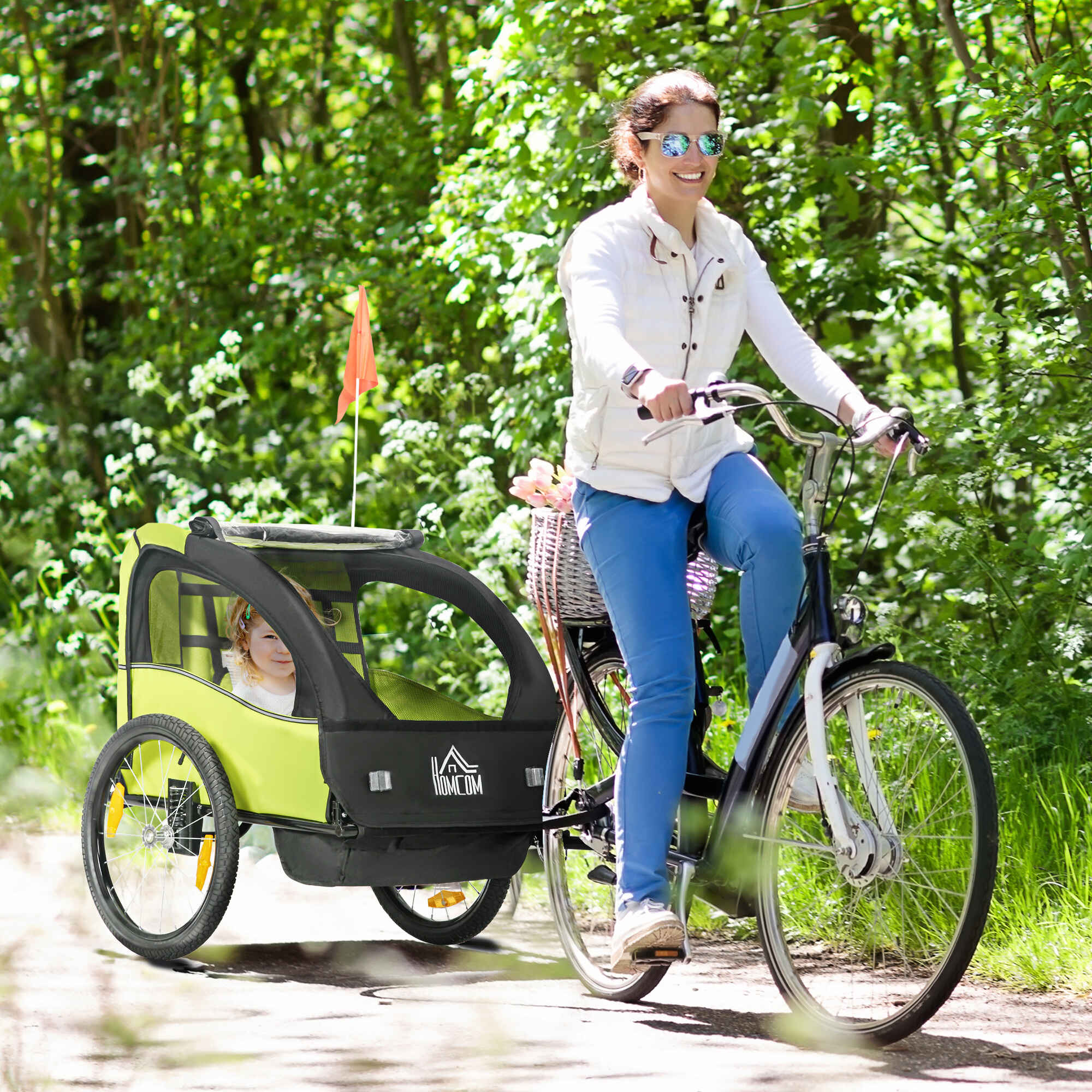 Remolque de bicicleta para niños +18 meses 2 plazas con cinturón y amortiguador 140x88x90 cm verde