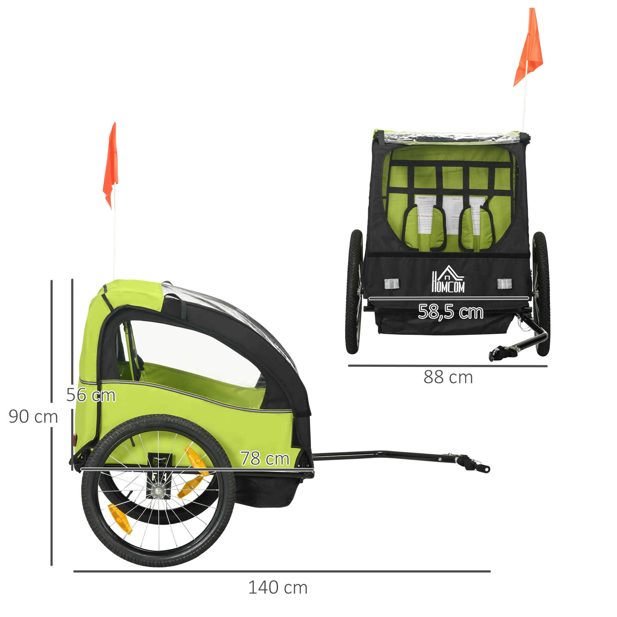Remolque de bicicleta para niños +18 meses 2 plazas con cinturón y amortiguador 140x88x90 cm verde