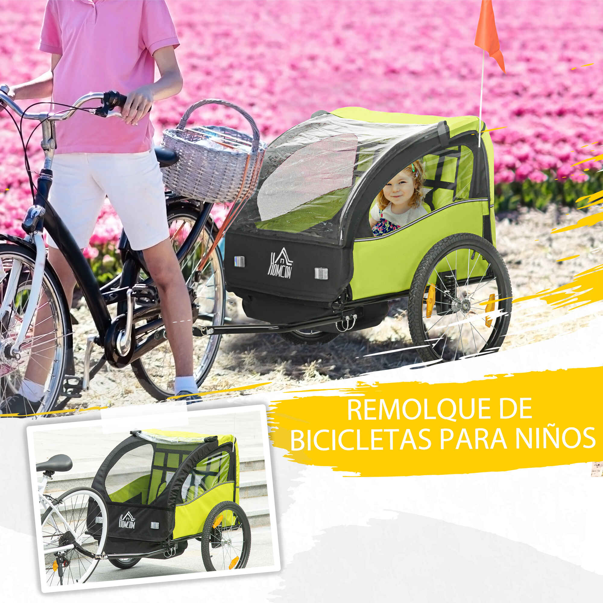 Remolque de bicicleta para niños +18 meses 2 plazas con cinturón y amortiguador 140x88x90 cm verde