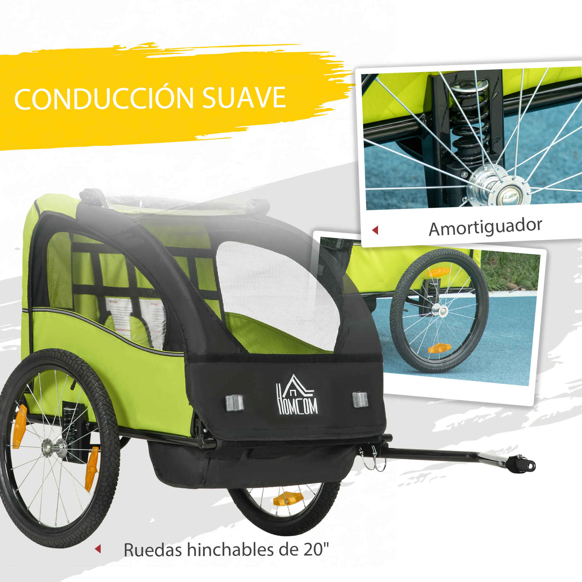 Remolque de bicicleta para niños +18 meses 2 plazas con cinturón y amortiguador 140x88x90 cm verde